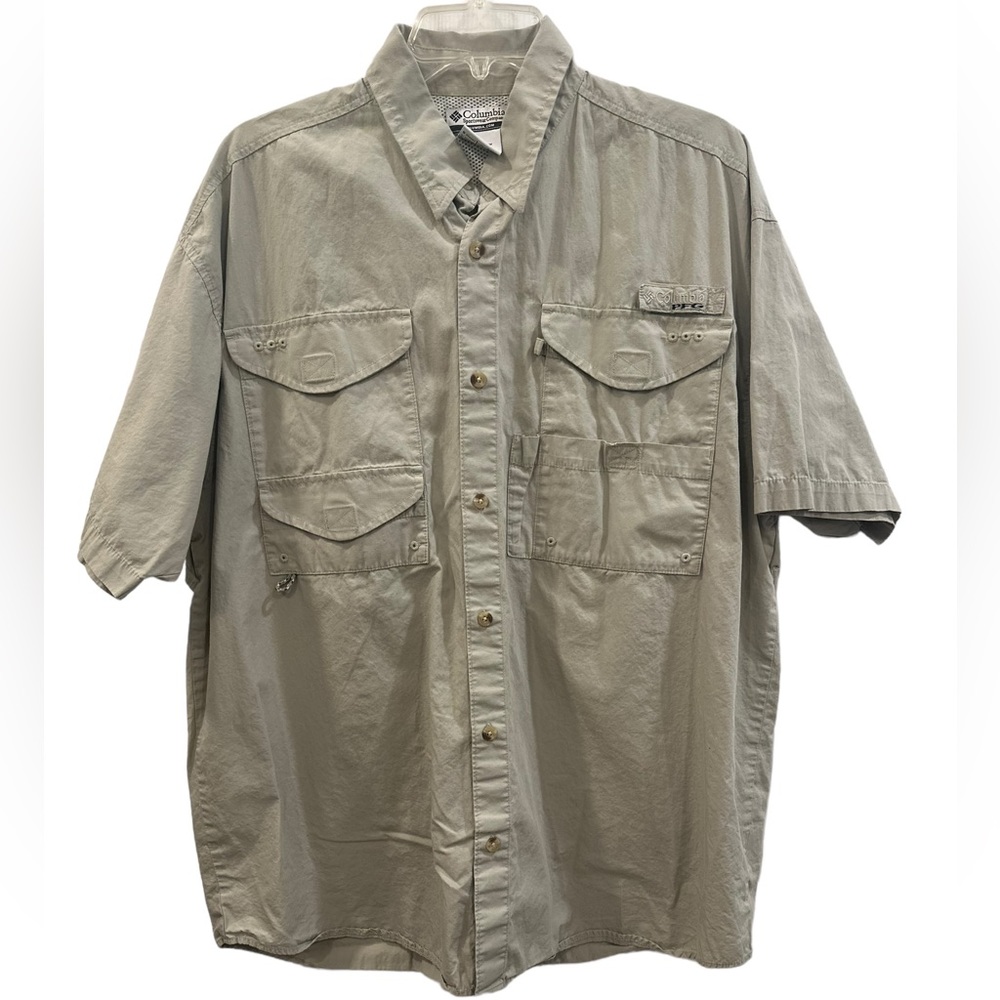 Columbia PFG Performance Fishing Gear Vented Shirt Beige Size L Embroidered Fish